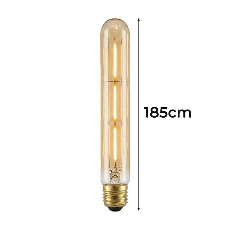 E27 LED filament bulb with vintage tubular T185 shape and warm amber glass, glowing softly in dimmed light setting