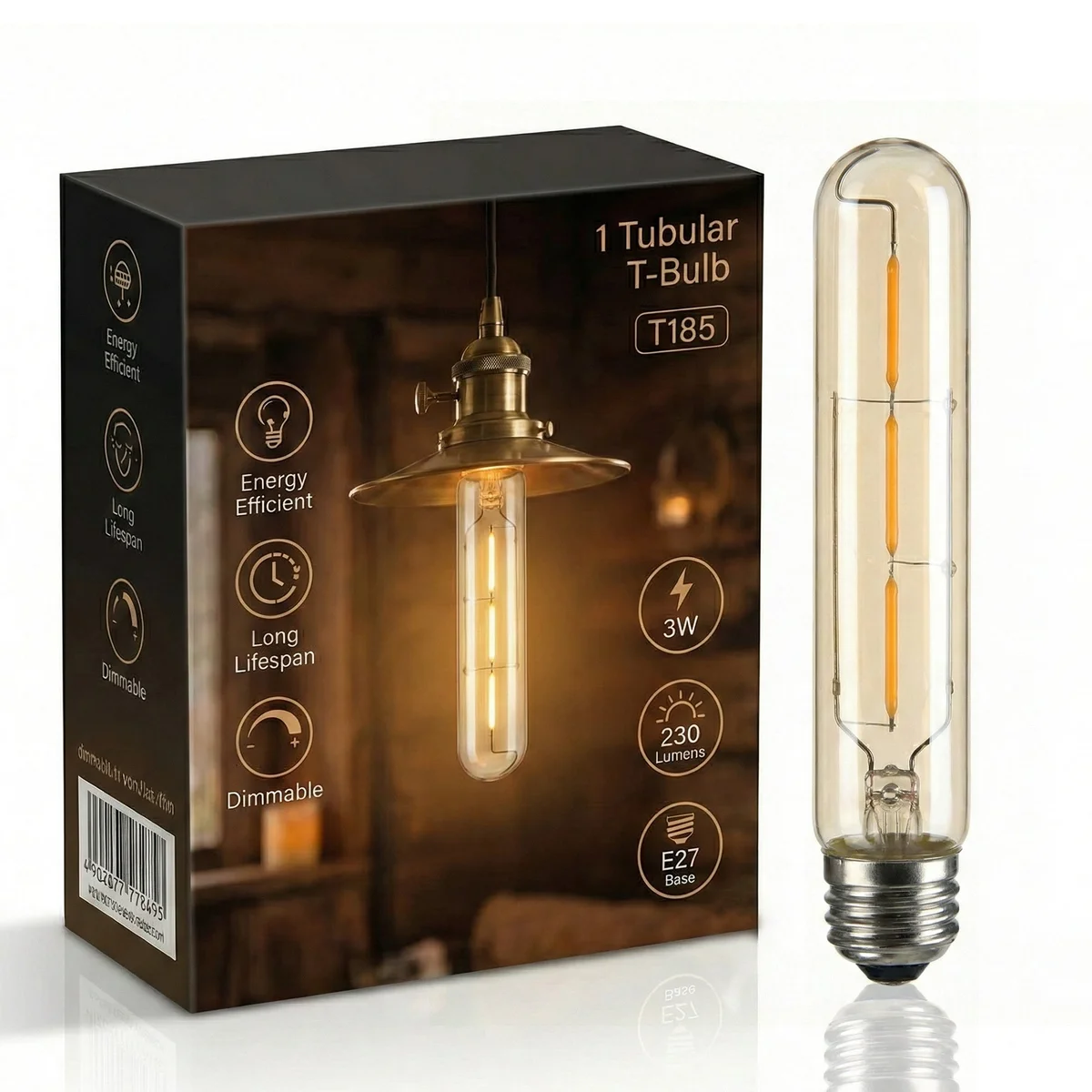 T185 vintage tubular bulb glowing with warm amber LED light, showing exposed filament and amber glass finish