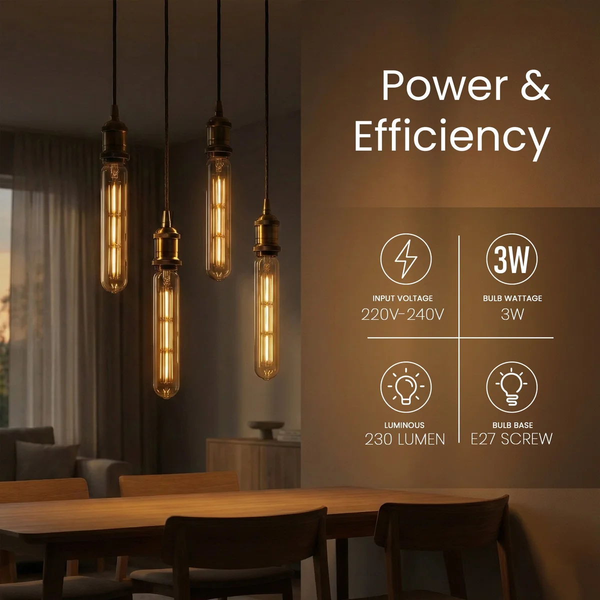 Vintage T185 tubular amber glass energy saving LED bulb with exposed filament and E27 screw base on white background