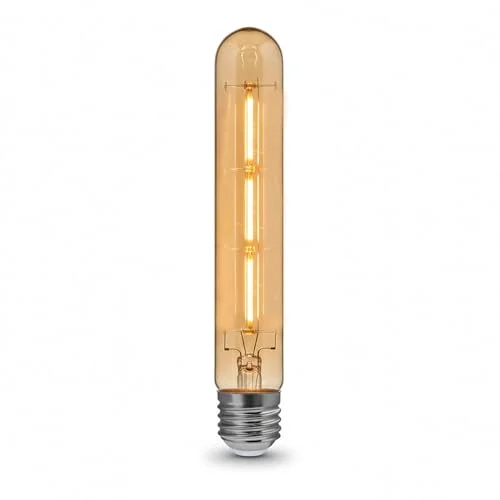 Vintage T185 tubular LED light bulb with amber glass and exposed filament, glowing warmly on a dark background
