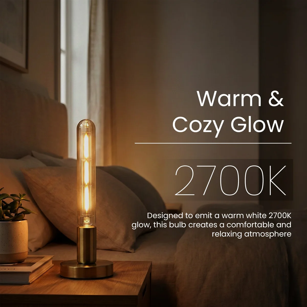 Six vintage LED bulbs with amber glass and exposed filaments, arranged side by side on a white background