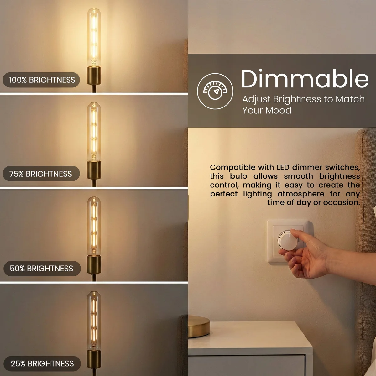 Vintage LED bulb with long tubular amber glass, exposed filament, and E27 screw base on a white background