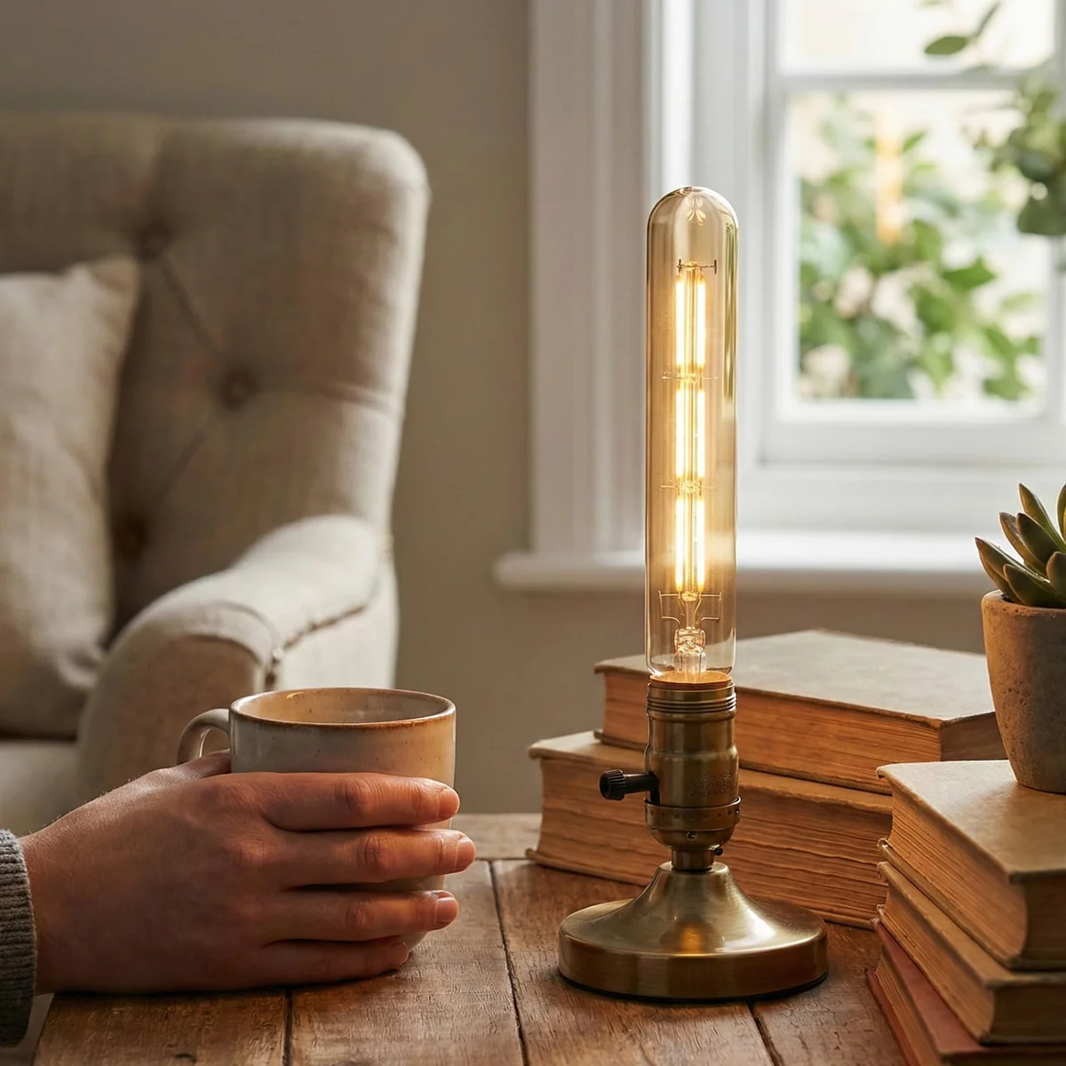 Vintage LED bulb with long tubular amber glass and exposed filament, ideal for dimmable warm white lighting fixtures