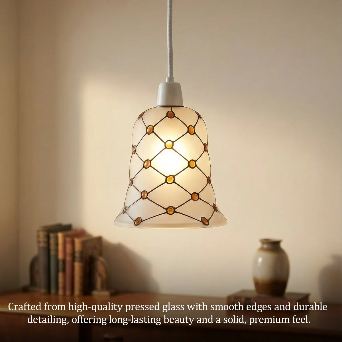 Frosted glass lamp shade with amber bead mosaic in diamond grid, bell shape, 13cm, vintage Art Deco style for E27 fittings