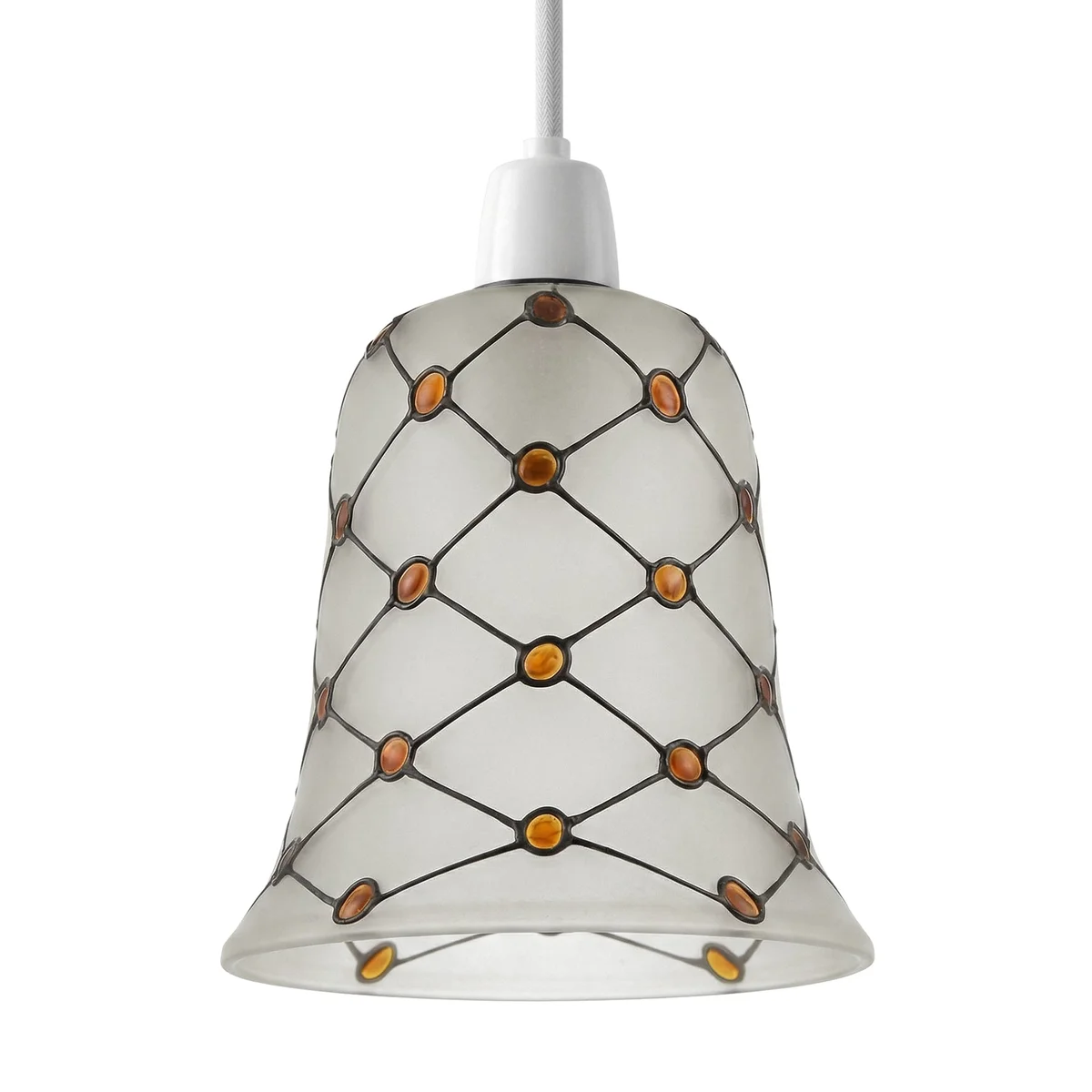 Frosted glass bell lamp shade with amber bead mosaic in diamond grid pattern, 13cm, vintage E27 fitting
