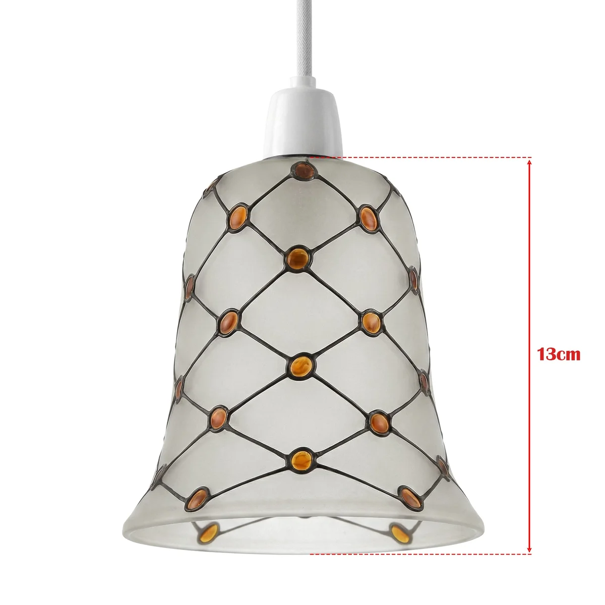 Frosted glass vintage bell lamp shade with amber bead mosaic in diamond grid pattern, 13cm, E27 fitting
