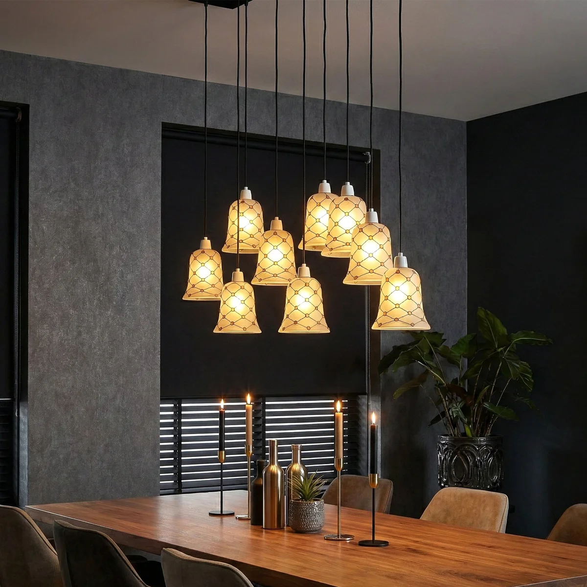 Frosted pressed glass lamp shade with amber bead mosaic in diamond grid, bell shape, 13cm height, vintage style