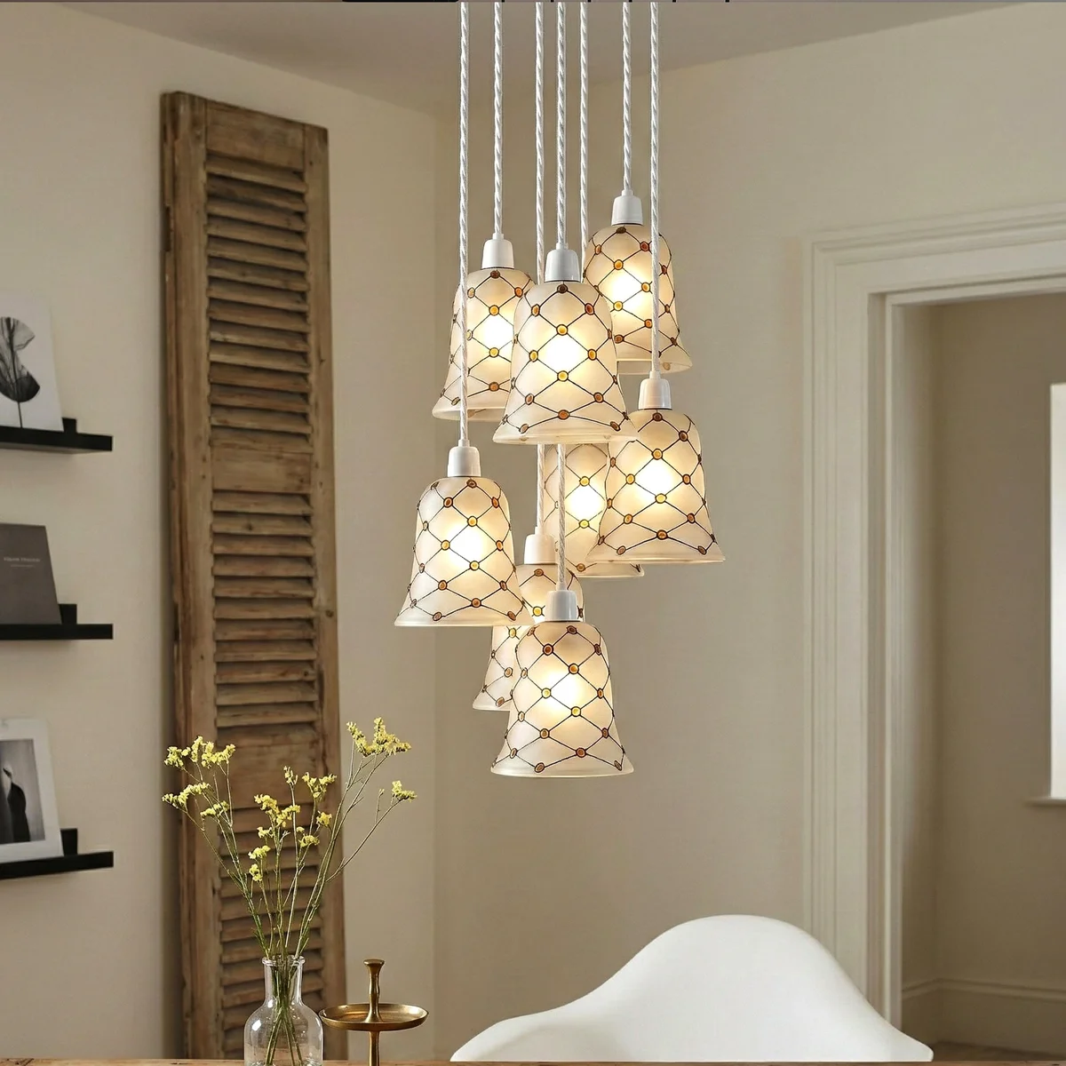 Frosted glass lamp shade with amber bead mosaic in diamond grid pattern, 13cm bell shape, vintage Art Deco style