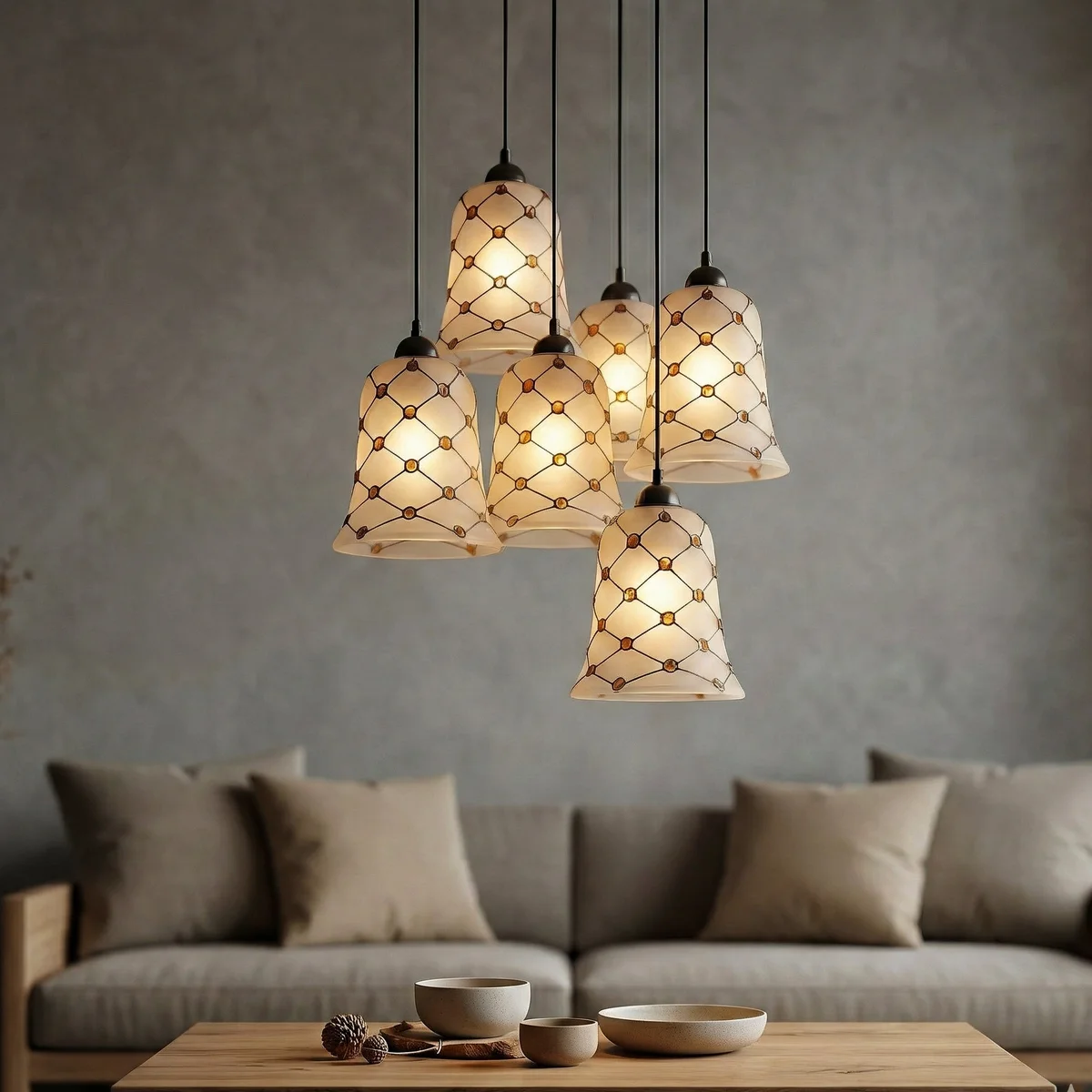 Frosted glass lamp shade with amber bead mosaic in diamond grid pattern, bell-shaped, 13cm height for E27 fitting