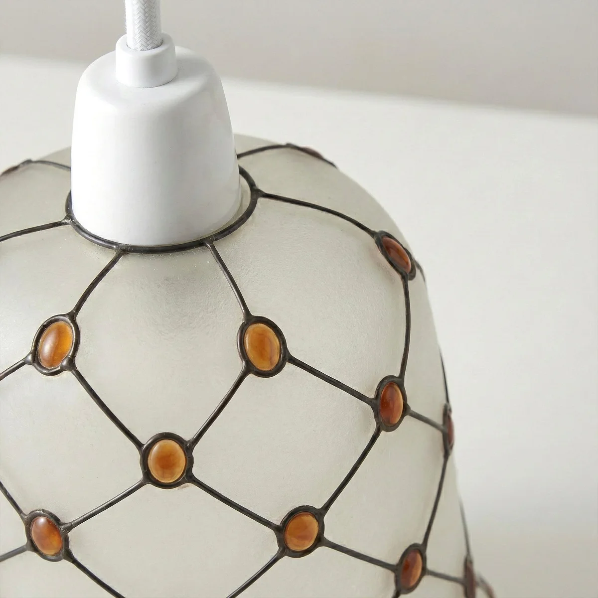 Frosted glass lamp shade with amber bead mosaic in diamond pattern, bell shape, 13cm, vintage Art Deco style
