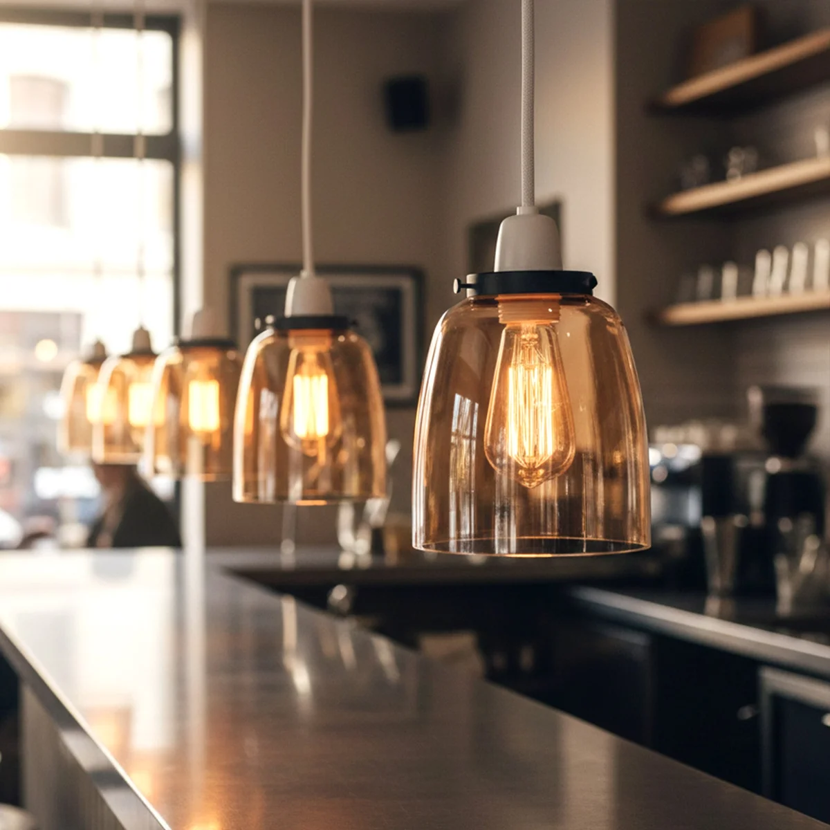 Vintage amber glass lampshade with bell shape, warm amber tint, 14.5cm wide and 15.5cm tall, easy fit design