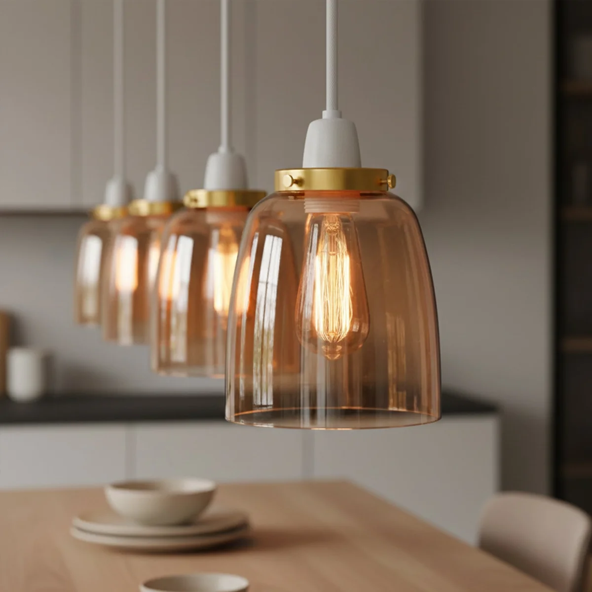 Classic bell light shade in warm amber glass with curved vintage design, easy-fit for pendant or wall lights.