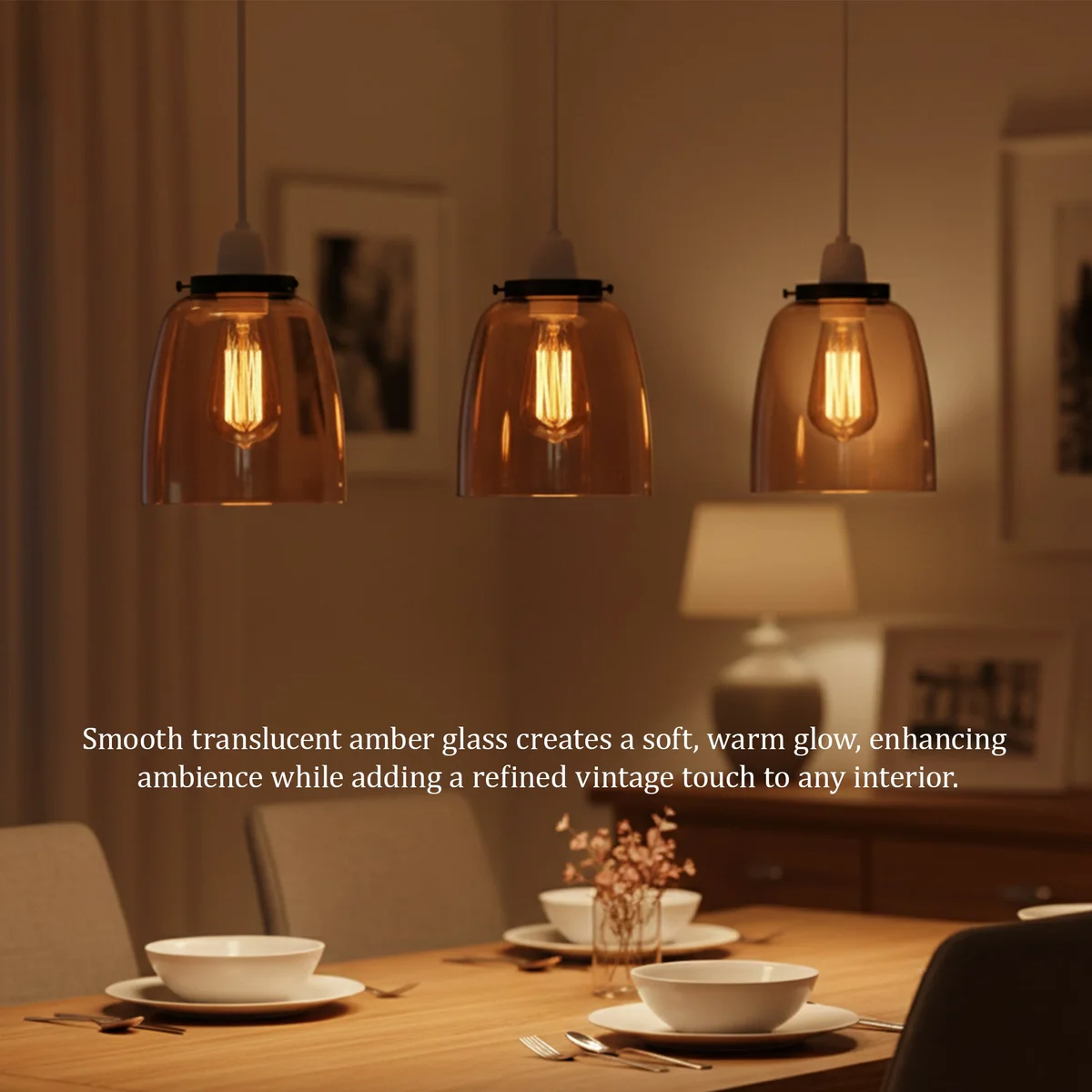 Vintage amber glass lampshade in classic bell shape with warm amber tint, easy-fit for pendant light fixtures