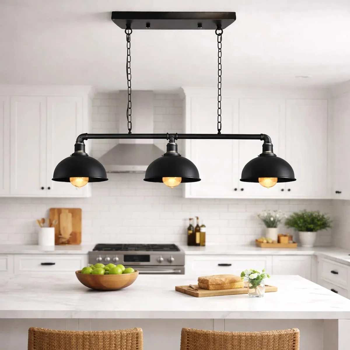 Industrial pendant lamp with three rustic red metal pipe sconces and vintage steampunk design hanging from ceiling