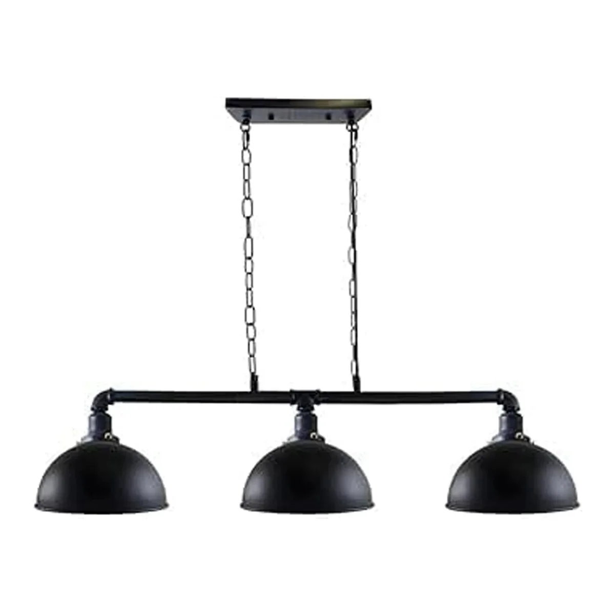 Industrial black steampunk ceiling light with three rustic red metal pipe sconce cups hanging from ceiling fixture