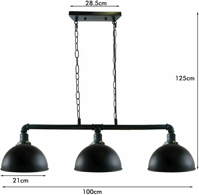 Industrial black steampunk 3 light pendant with rustic red metal pipes and three scone cup lamp holders hanging from ceiling