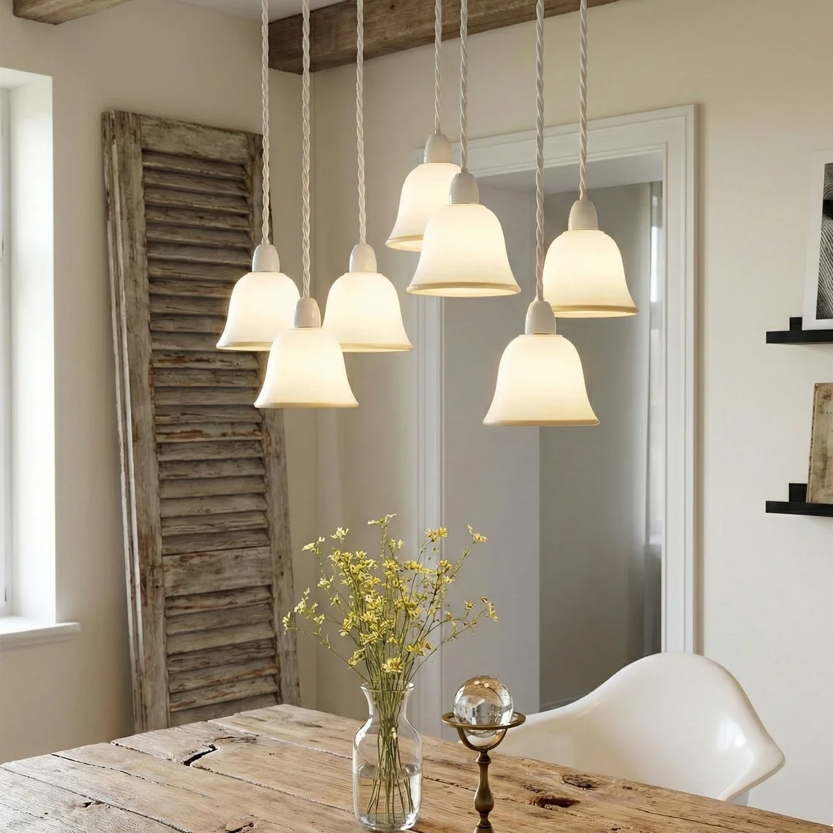 White frosted bell glass light shade with gold trim, 15cm wide, designed for easy E27 ceiling fan or vanity light fitting