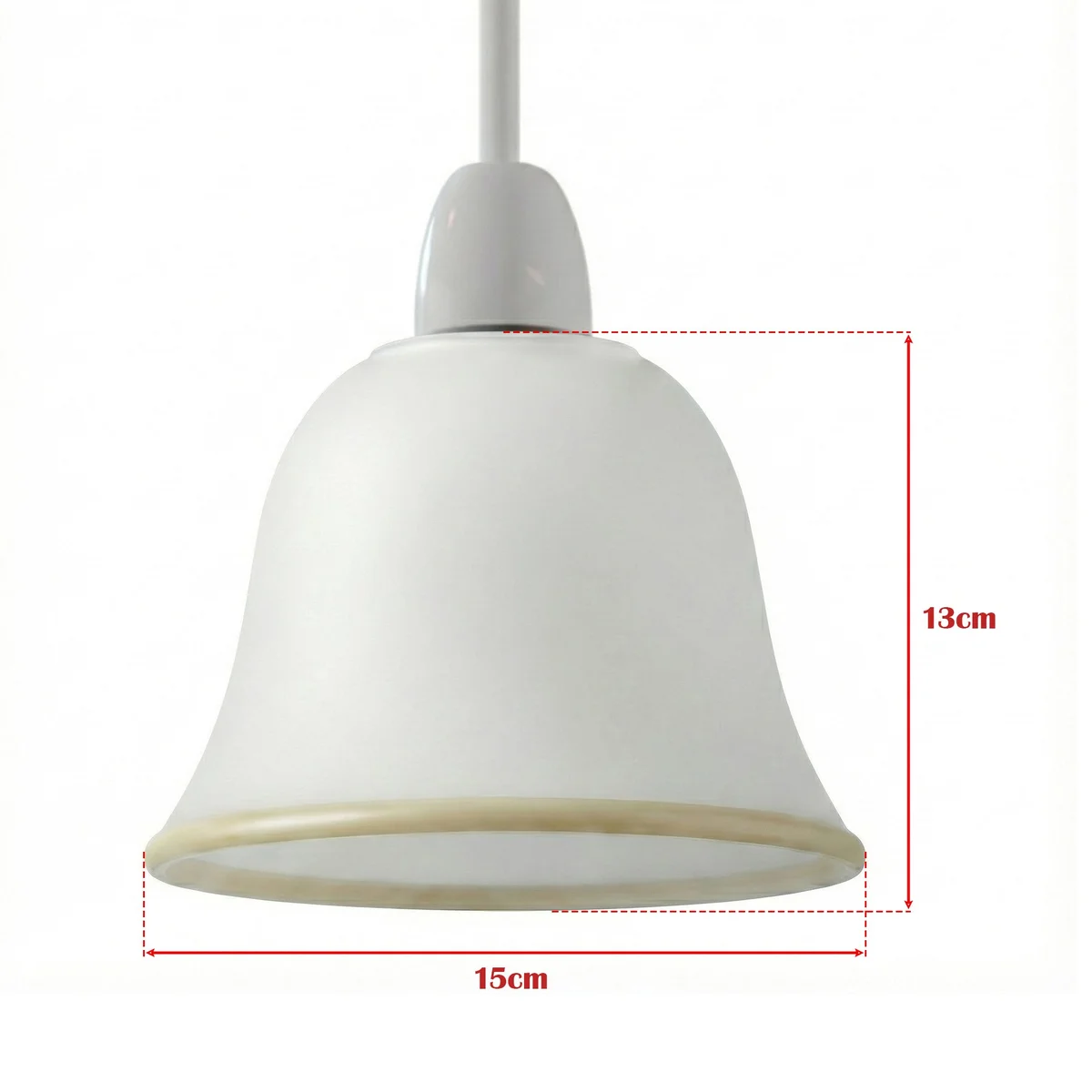 White frosted glass lamp shade with bell shape and gold trim, designed for easy E27 ceiling fan or vanity light fitting