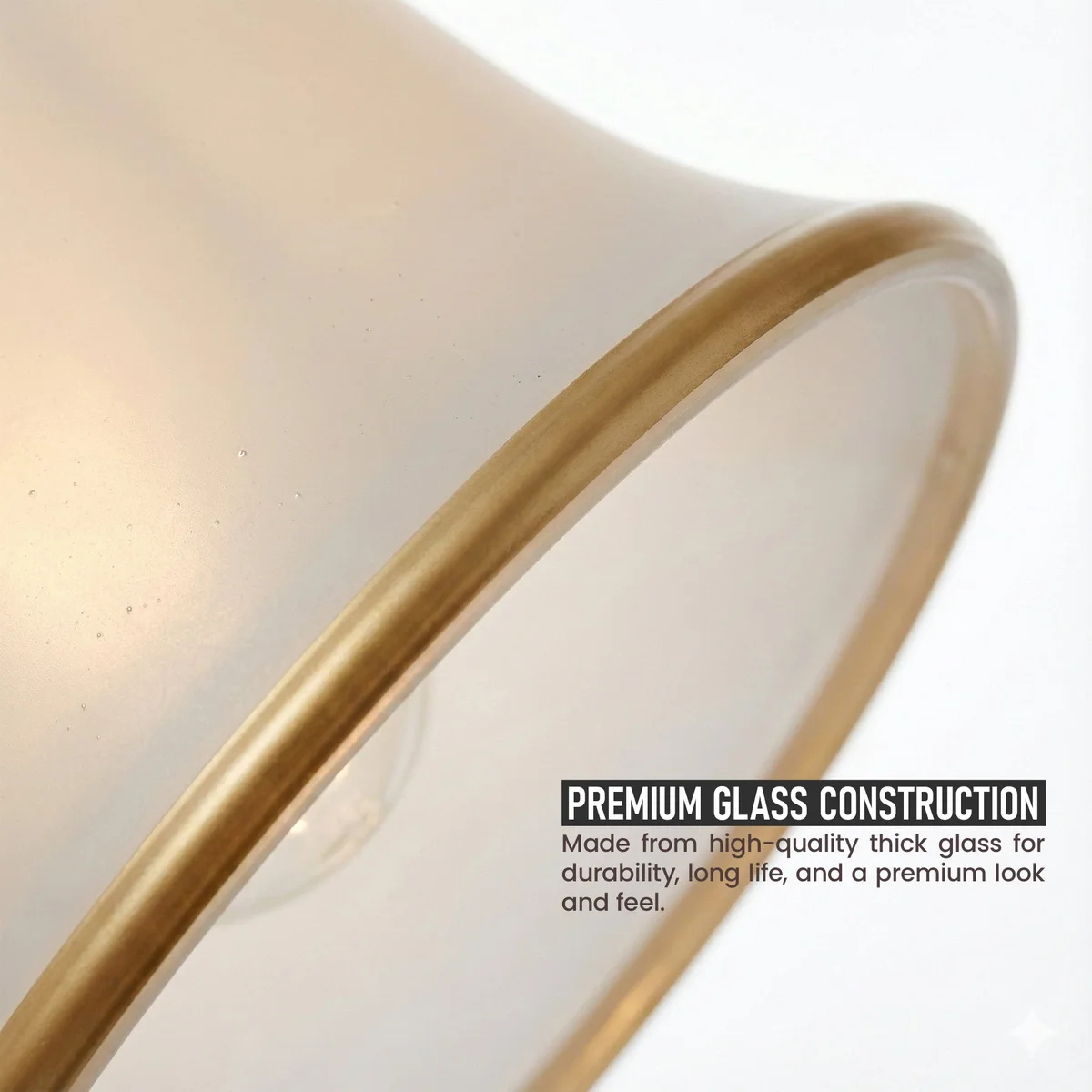 White frosted bell-shaped glass light shade with gold trim, easy fit light shade for E27 ceiling fans or vanity lights