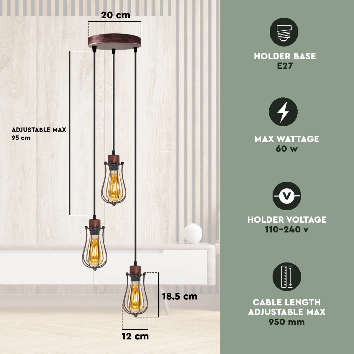 Three balloon-shaped metal cage pendant lights hanging from a round ceiling plate in vintage industrial style