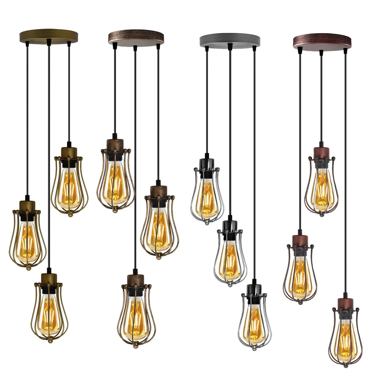 Three metal balloon-shaped wire cage retro ceiling lights hanging from a round ceiling plate in vintage industrial style