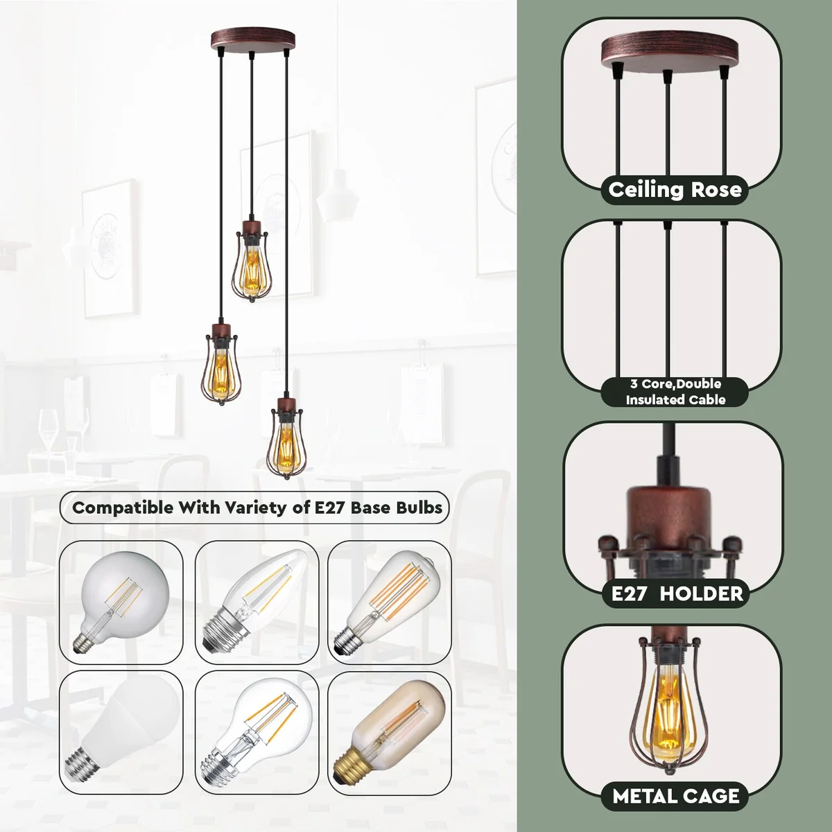 Three outlet pendant light with vintage balloon-shaped metal wire cages and round ceiling plate in industrial style