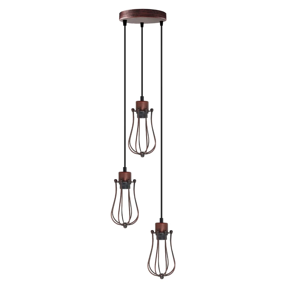 Vintage industrial ceiling pendant light with three balloon-shaped metal wire cage shades hanging from round ceiling plate