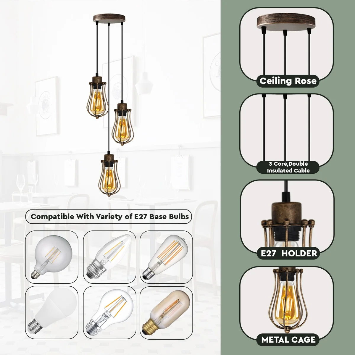 Three vintage industrial ceiling pendant lights with balloon-shaped metal wire cages hanging from a round ceiling plate