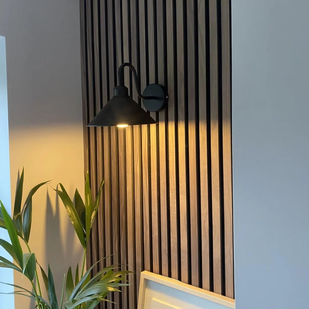 Orange cone shade metal wall sconce with black swan neck arm, vintage industrial style, wall mounted with ceiling rose