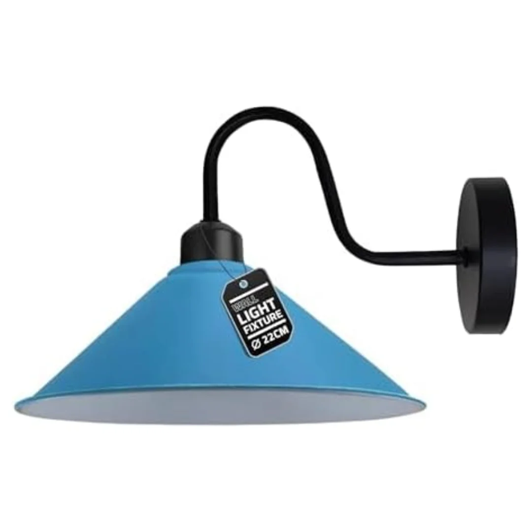 Orange cone shade lamp with black antique swan neck wall sconce mounted on a white wall, showing side view and mounting rose