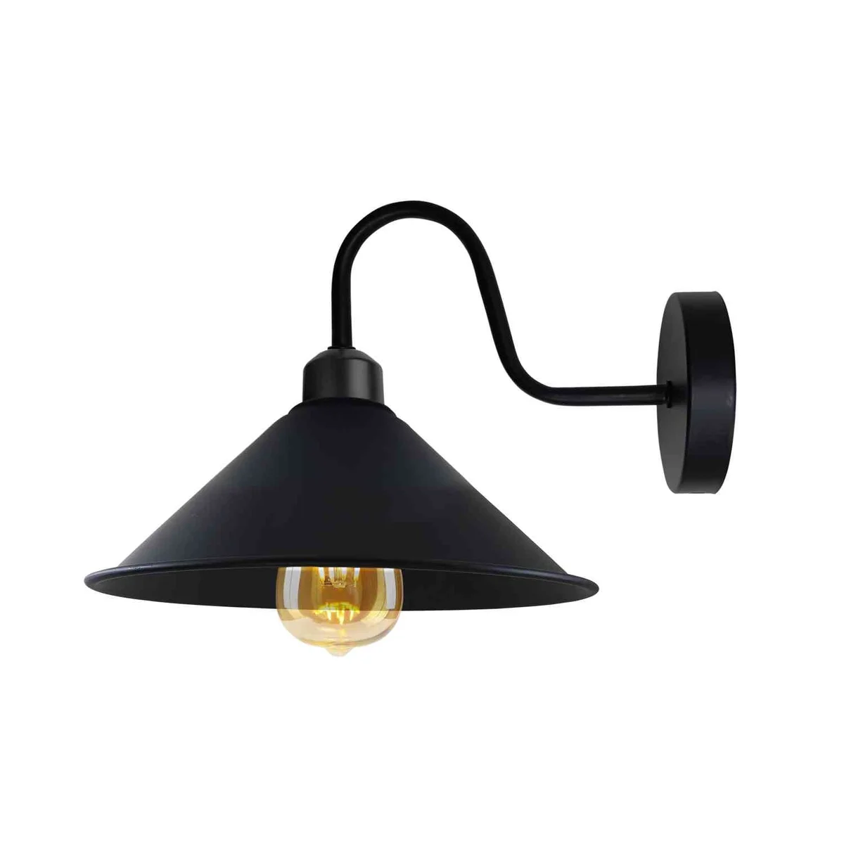 Orange cone shade dimmable wall light with black swan neck arm, vintage industrial style, mounted on white wall
