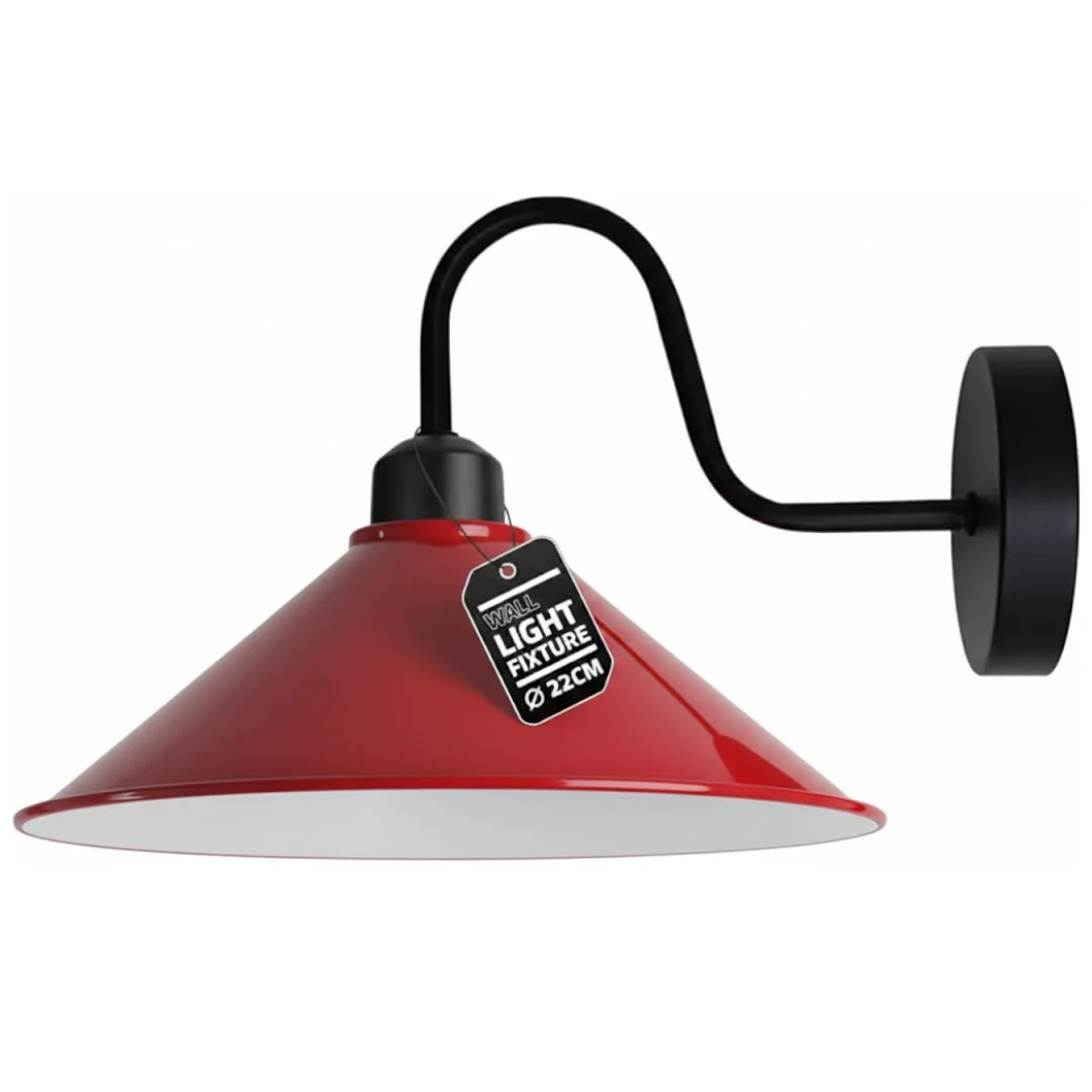 Orange cone metal wall sconce with black antique swan neck arm and ceiling rose, industrial vintage style wall light