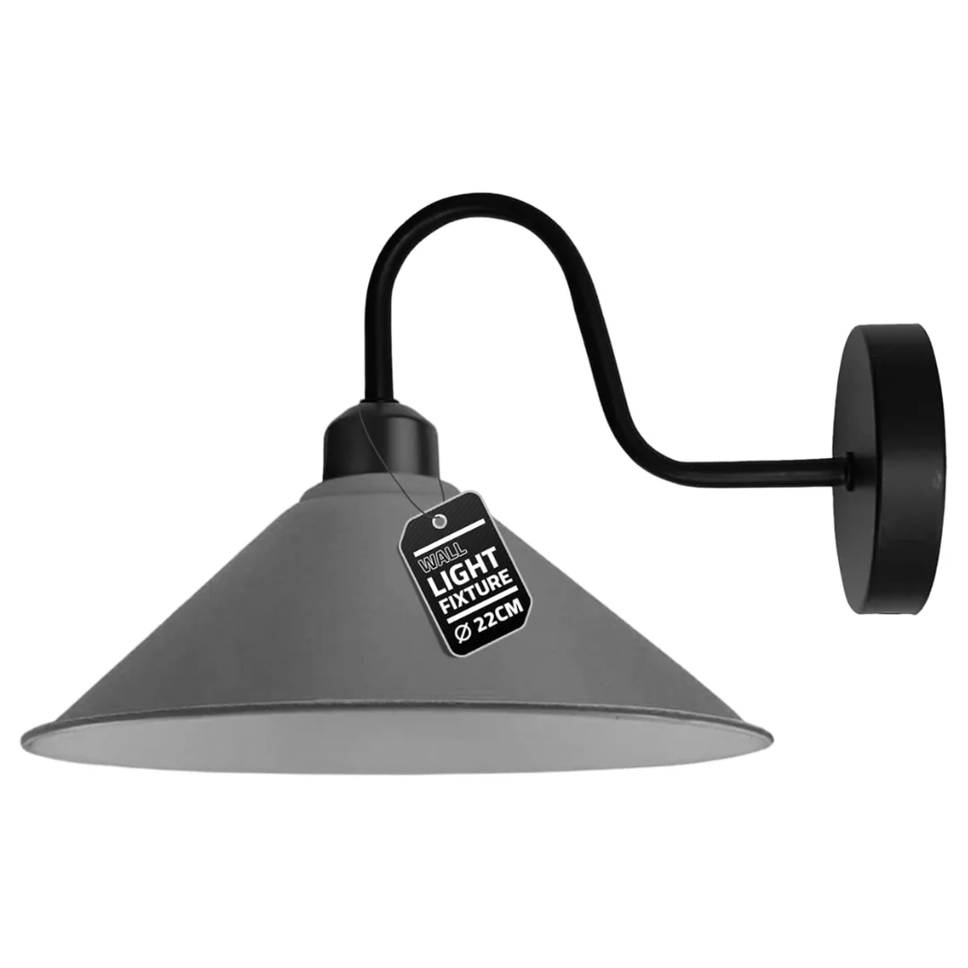 Orange cone shade metal wall sconce with black antique swan neck arm, mounted on a white wall with matching ceiling rose