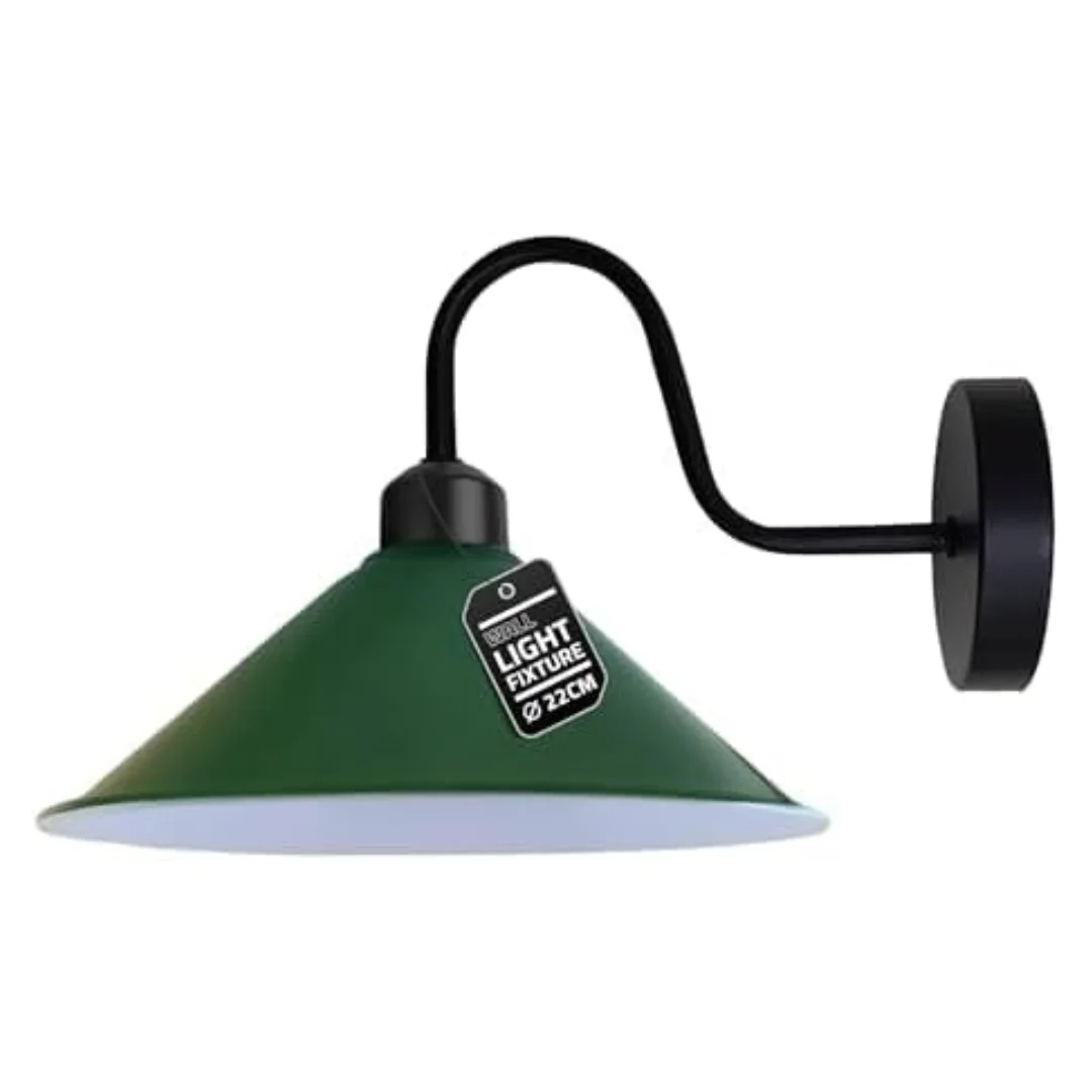 Orange cone metal wall sconce with black swan neck arm and matching ceiling rose, vintage industrial style, indoor use