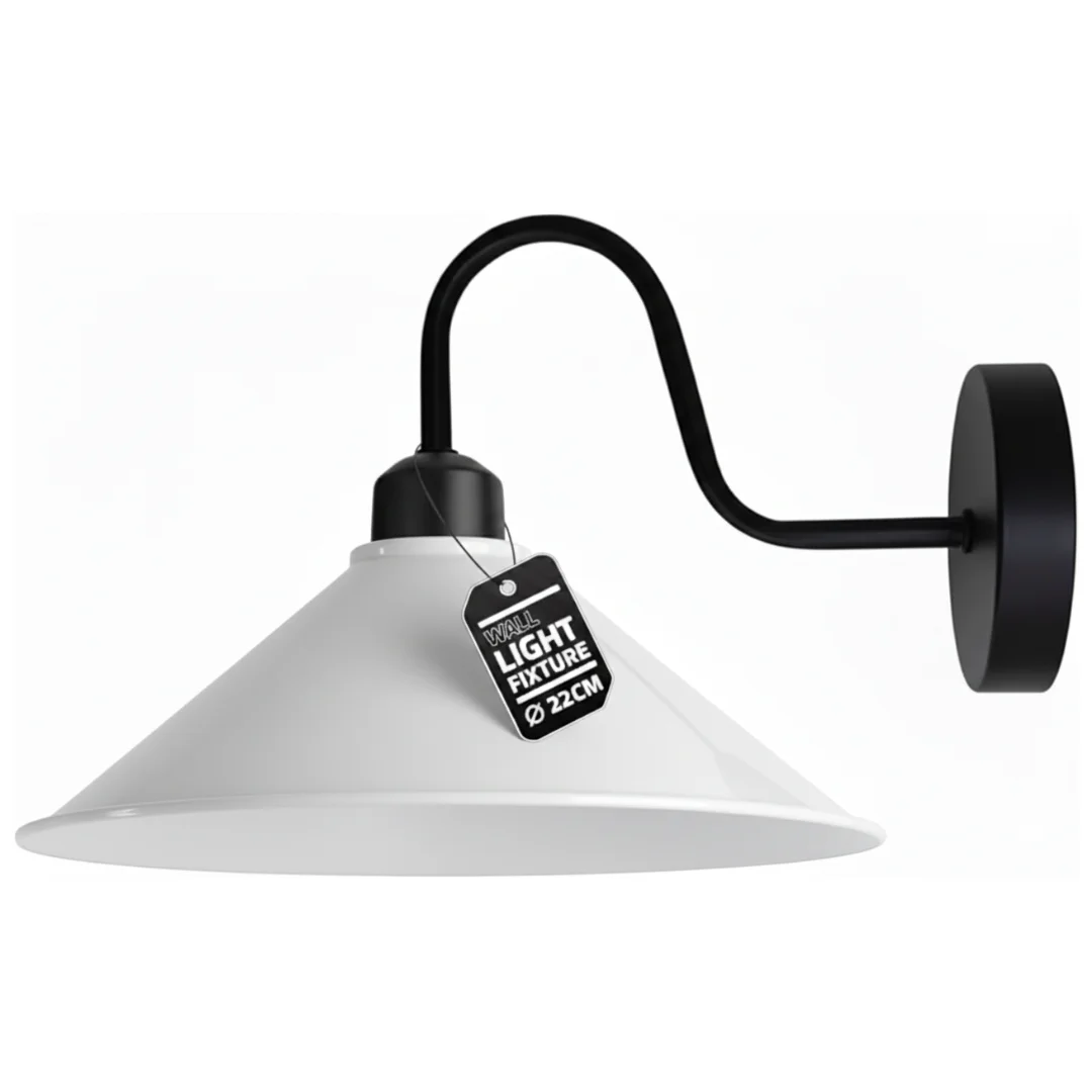 Orange cone metal wall sconce with black swan neck arm, vintage industrial style, mounted on white wall with ceiling rose
