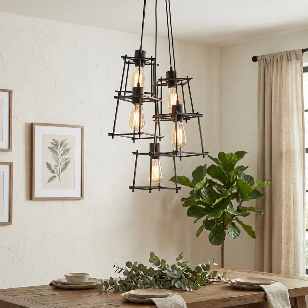 5-light industrial cluster pendant with black geometric metal cages and adjustable hanging cables against white background