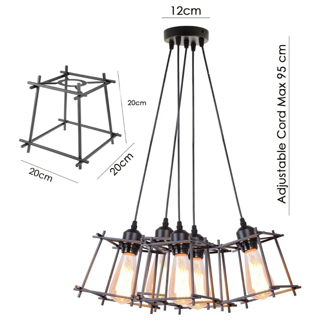 5-light pendant lamp with black metal geometric cages hanging at varied heights on adjustable cables