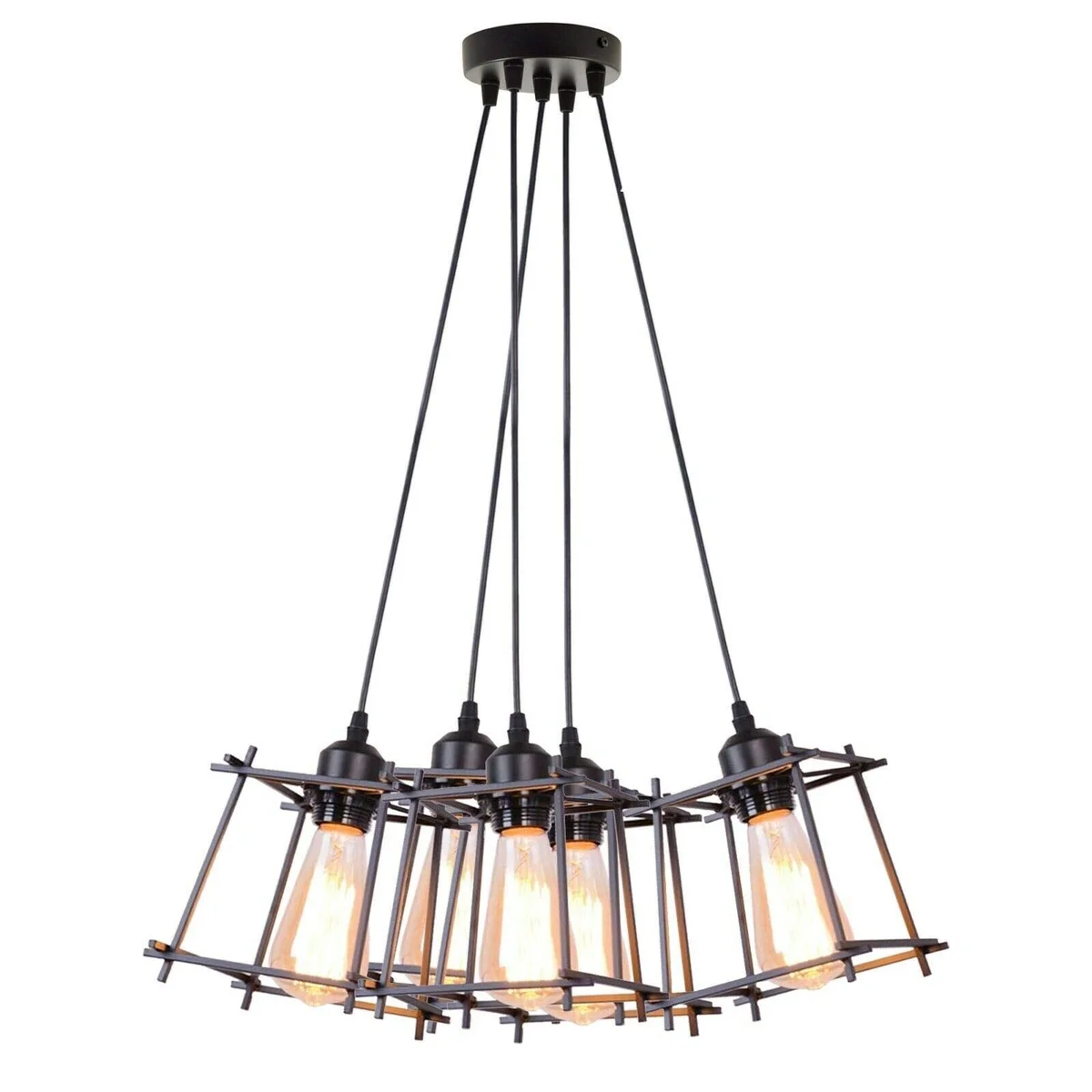 Five-light industrial pendant with adjustable black geometric cages light hanging at varied heights against white background
