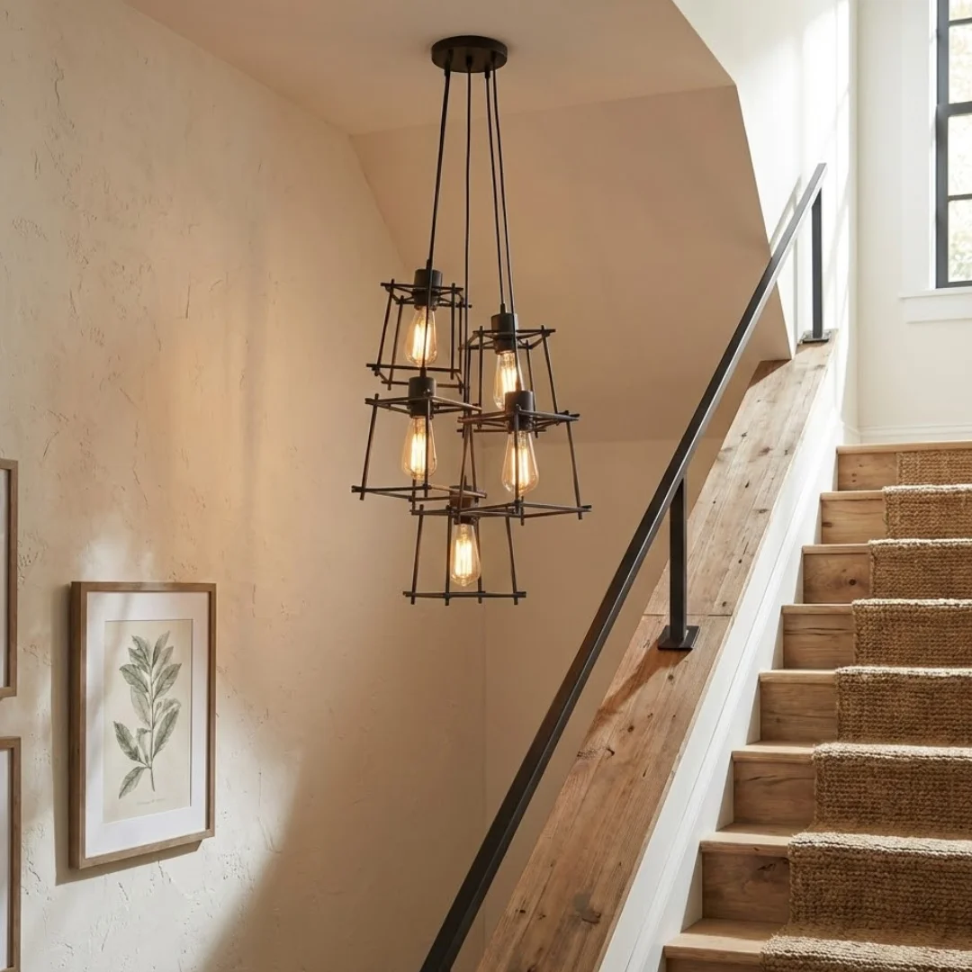 5-light industrial cluster pendant with black geometric cages and adjustable hanging pendant cables on white background