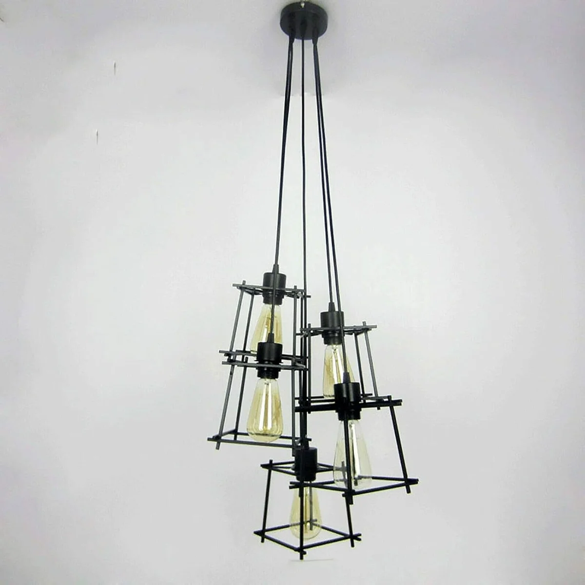 Black 5-light industrial cluster pendant with adjustable cables and geometric cages for E27 bulb pendant light setup