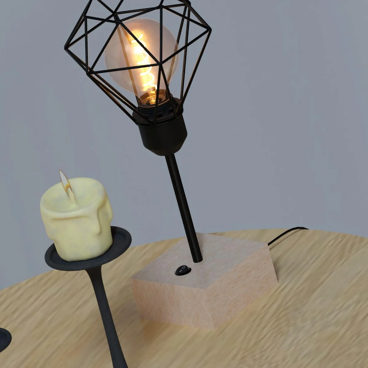 Wooden table lamp base in natural light wood with built-in black rocker switch on front for easy on/off control