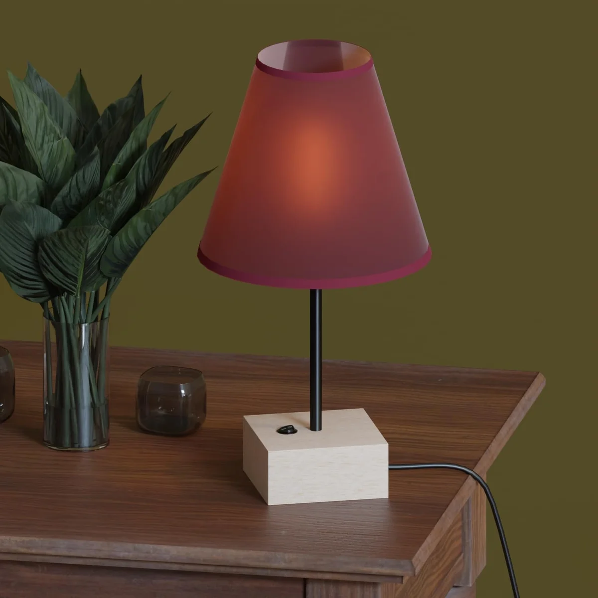 Wooden table lamp base with switch showing natural grain finish and front-mounted black rocker switch on a white background