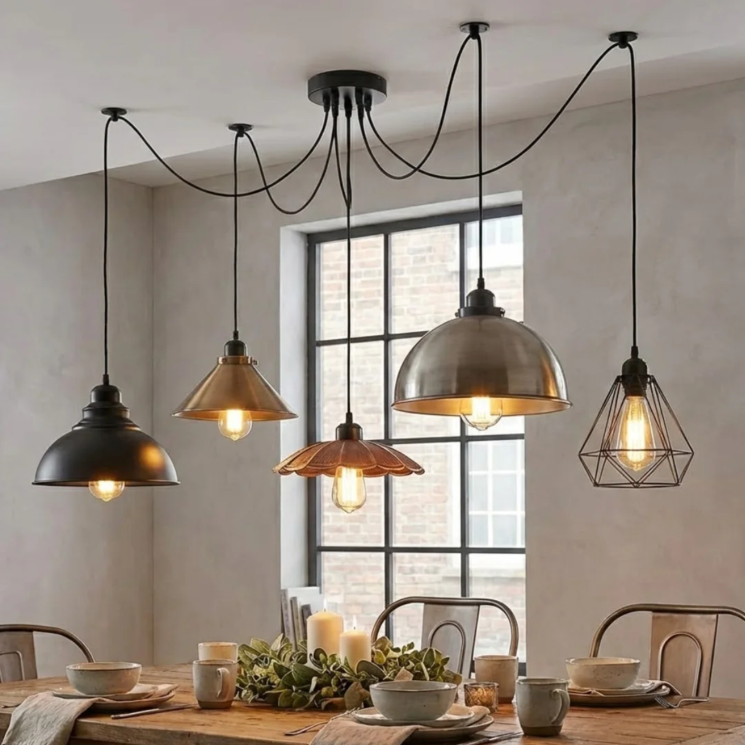 Black 5-arm industrial pendant light with adjustable long cables and pulley system in octopus spider design
