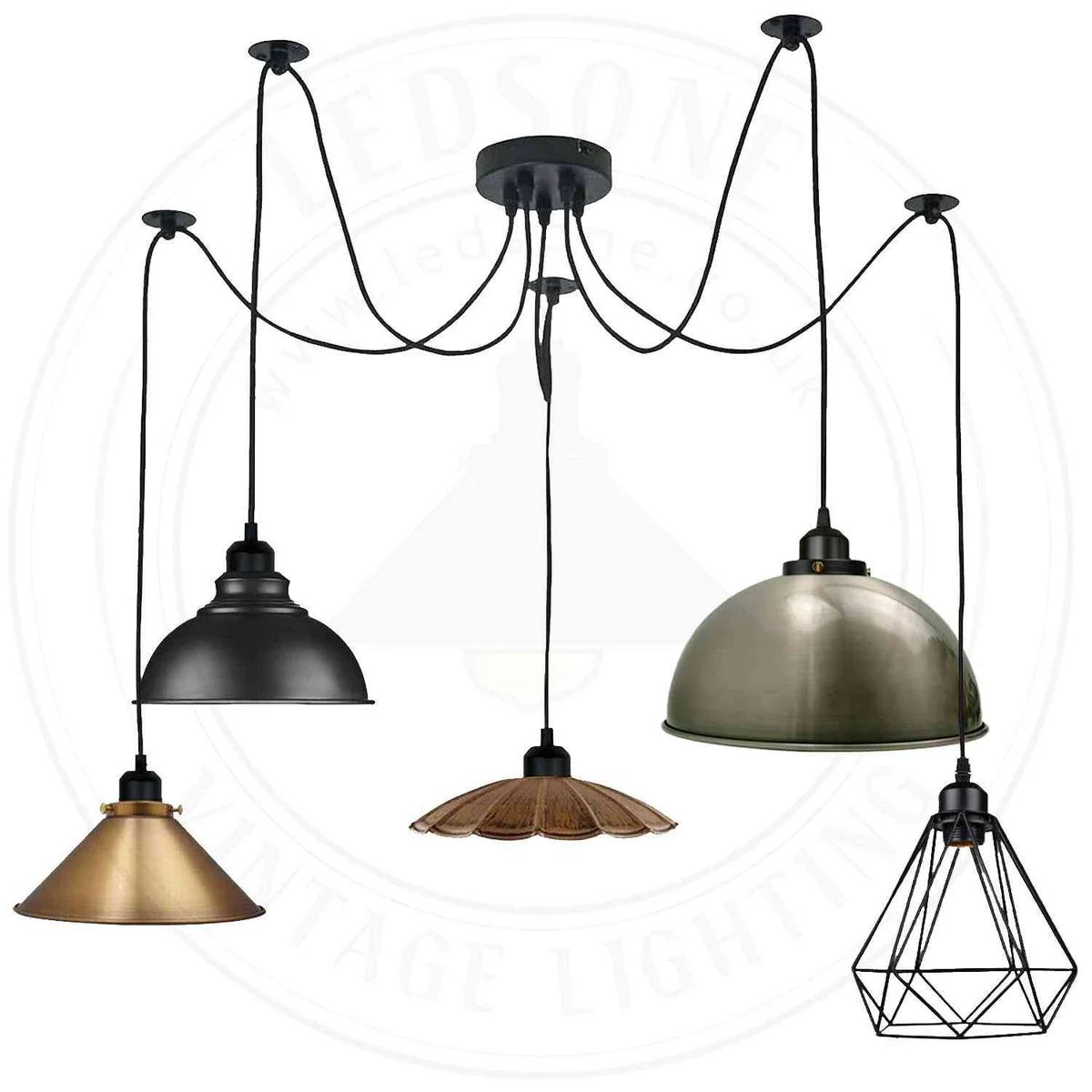 Adjustable octopus pendant light with five black metal arms and long cables hanging in a modern industrial room setting