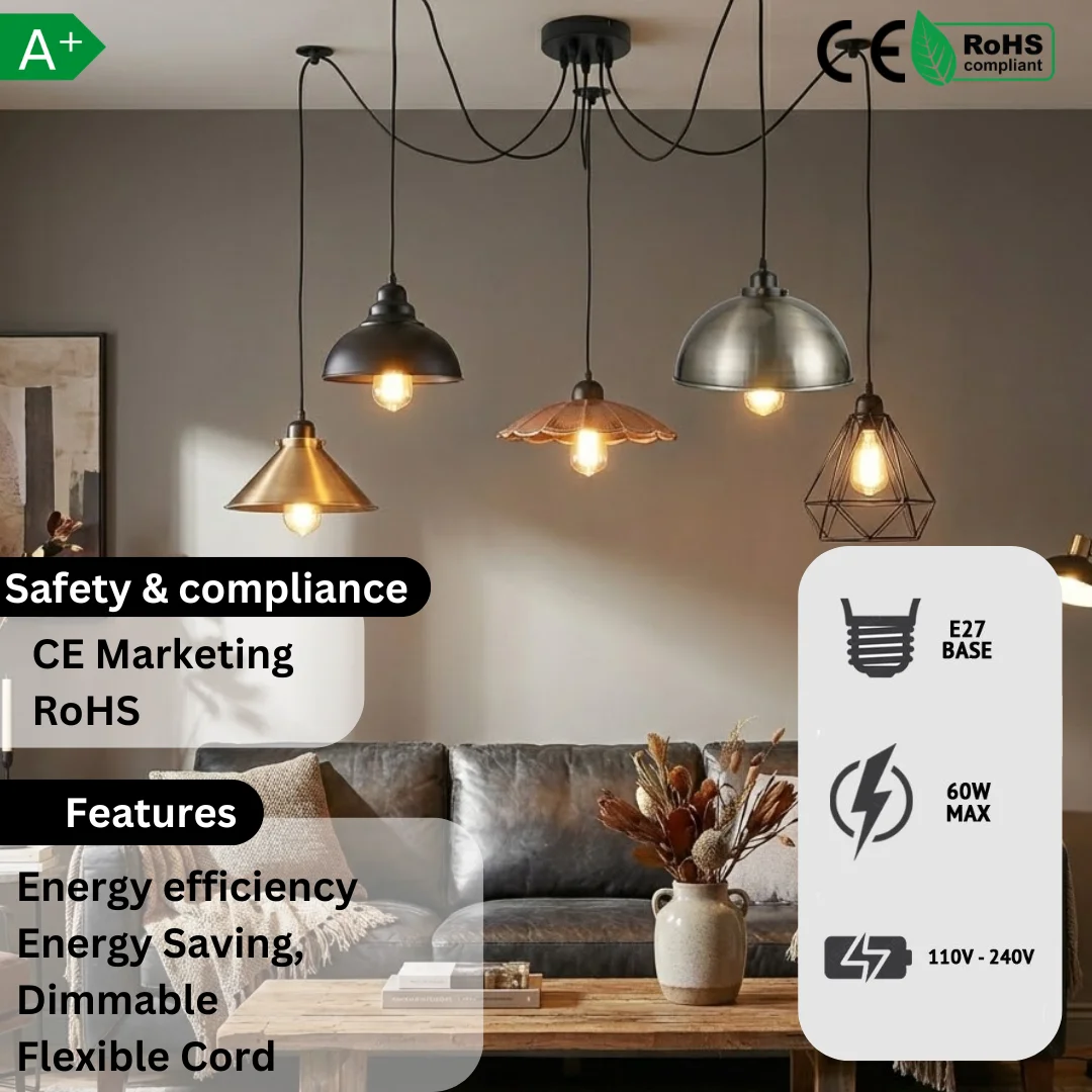 Black 5-arm octopus spider pendant with adjustable 200cm wires and E27 dimmable ceiling light bulbs fitted