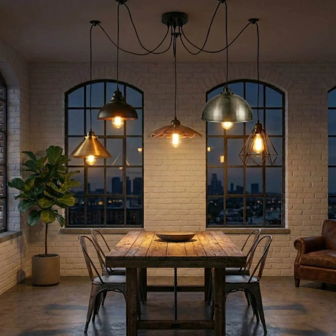 Black metal multi-arm light with five adjustable arms and long cables hanging from ceiling in industrial style room