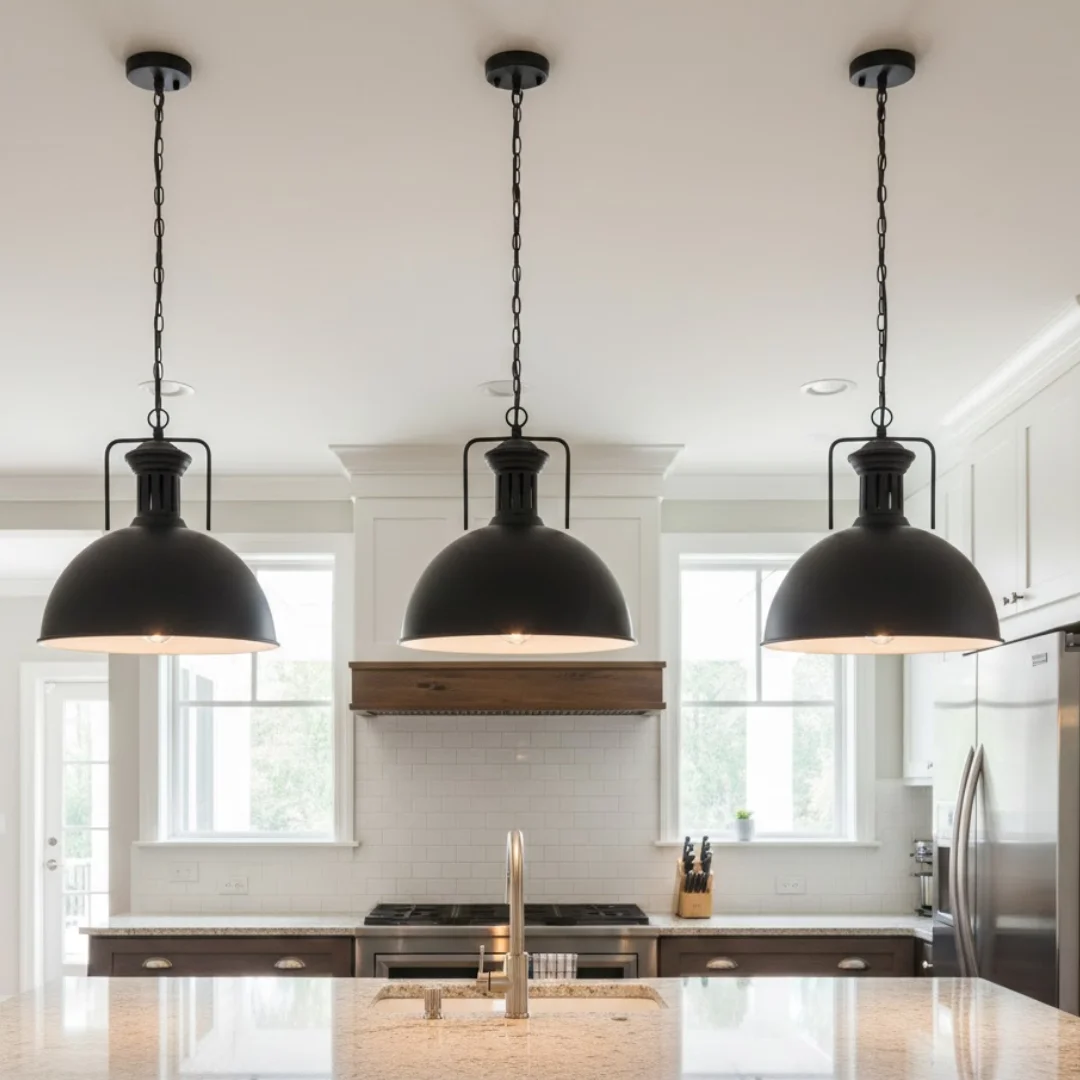 Black 40cm industrial pendant light with dome shade hanging from adjustable chain against white background