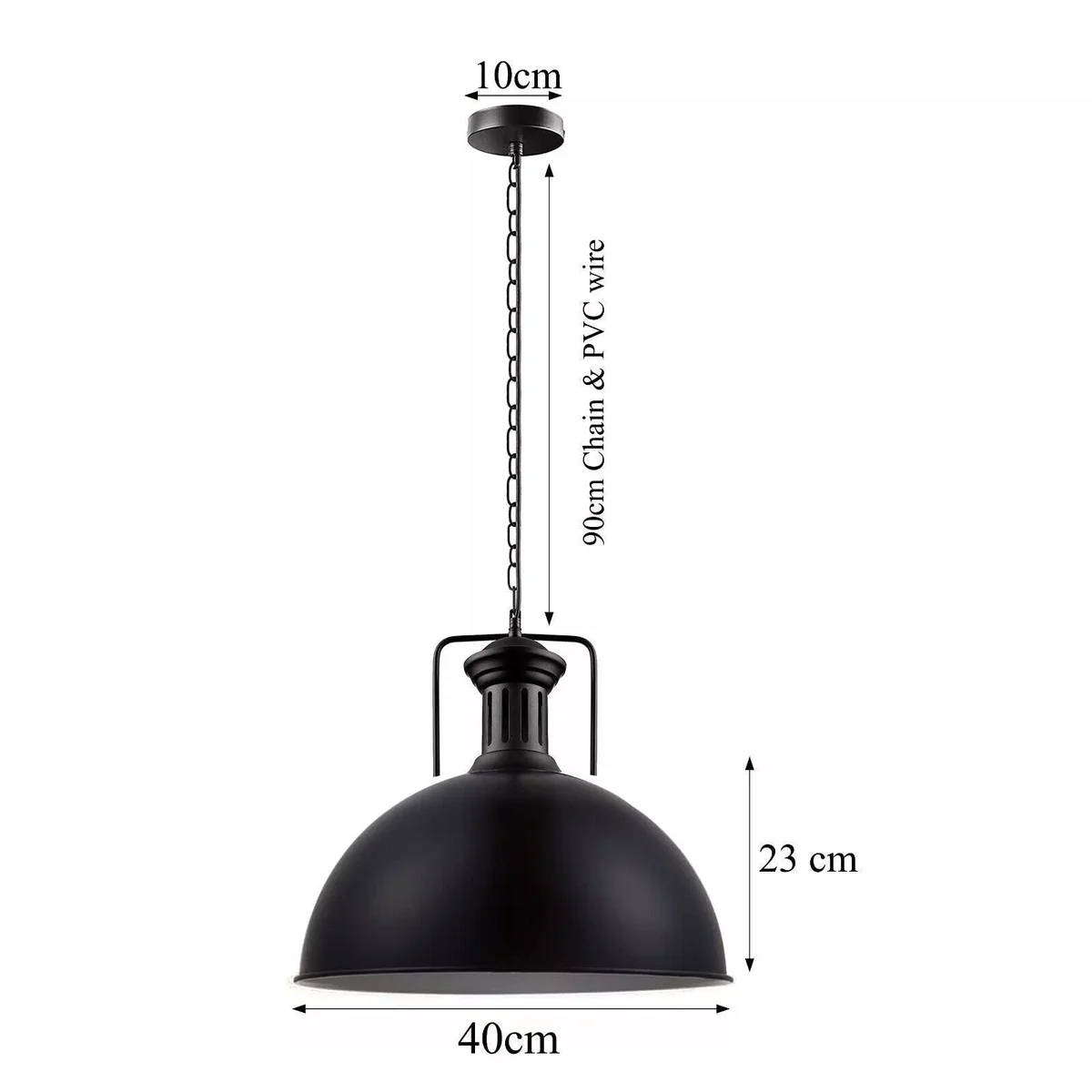 Large 40cm black pendant light with dome shade and adjustable chain, industrial vintage style ceiling lamp
