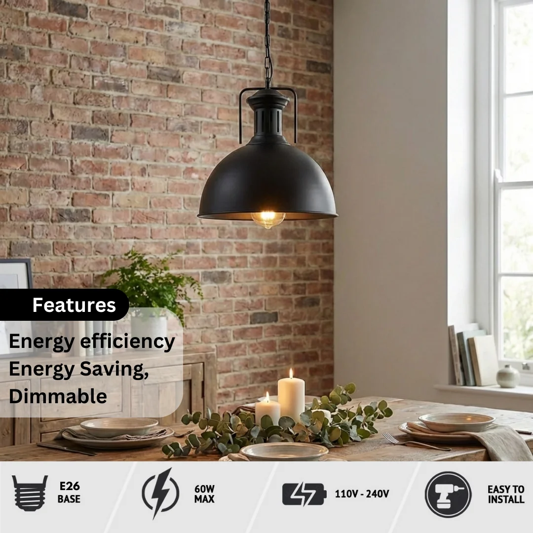 Black 40cm industrial pendant with dome shade and chain, adjustable ceiling light for versatile height settings