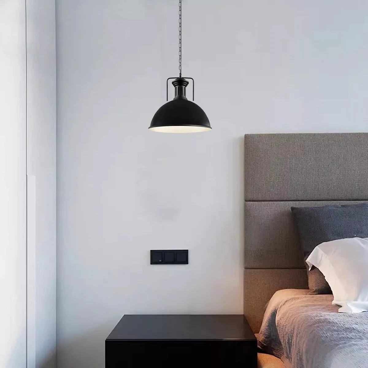 Black 40cm industrial pendant light with chain and E27 bulb pendant holder hanging against white background